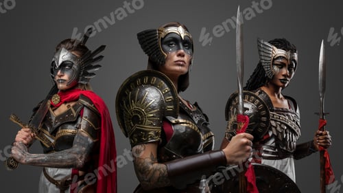 Preview: Medieval female soldiers posing together against grey background