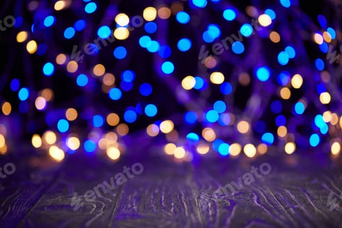 Preview: wooden surface and sparkling background, christmas concept