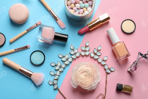 Preview: Flat lay composition with decorative cosmetics on color background