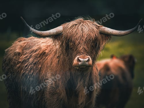 Preview: Moody portrait of a Highland cattle with a thoughtful expression staring directly at the camera