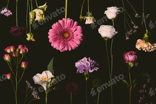 Preview: composition of beautiful various blooming flowers isolated on black