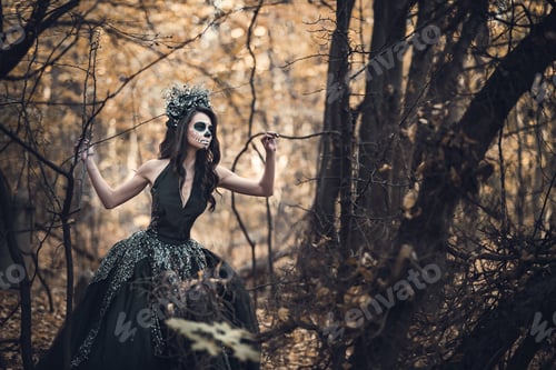 Preview: Closeup portrait of Calavera Catrina in black dress. Sugar skull makeup. Dia de los muertos.