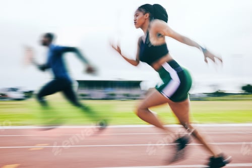 Preview: Black woman, running and athletics in sports race for training, cross fit or exercise on stadium tr