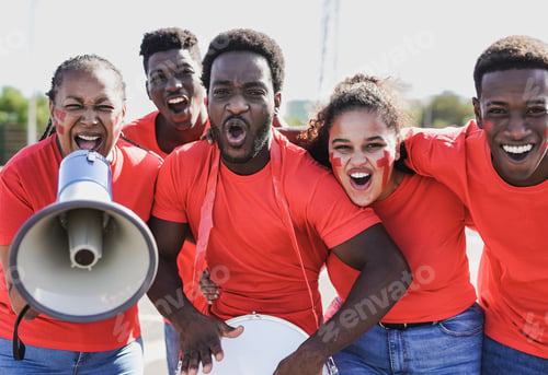 Preview: African people football supporter fans watching soccer match event at stadium
