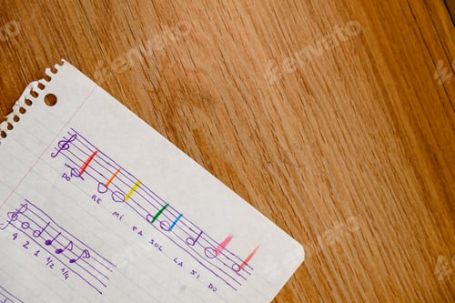 Preview: Sheet of a music school with a simple score with the basic notes
