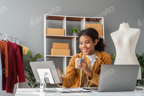 Preview: woman telephone and laptop design and shipping an online order sending a package using the internet