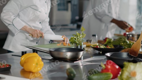 Preview: Woman cooking gourmet food with sliced carrots and vegetables