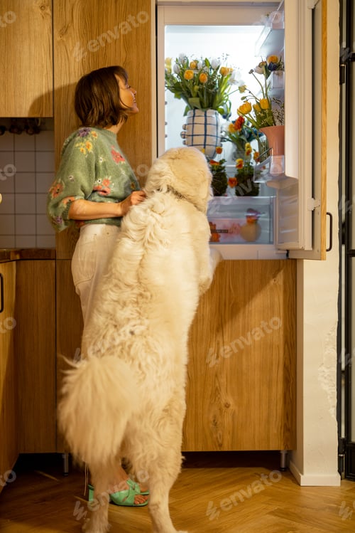 Preview: Woman with her dog look into a fridge filled ith floers at home