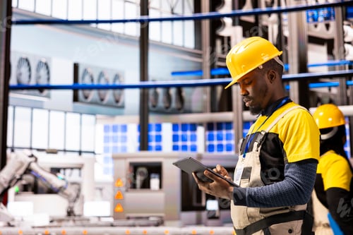 Preview: Black male technician controls robotic arm in automated factory