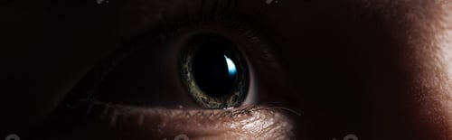 Vista previa: close up view of human eye looking away in dark, panoramic shot