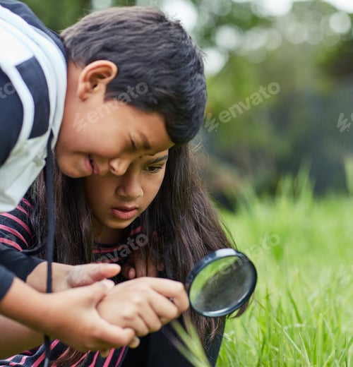 Preview: Shot of a young brother and sister playing with a magnifying glass outside