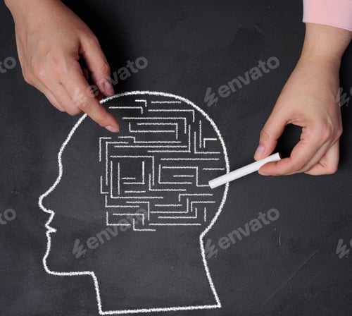 Preview: Chalk drawn silhouette of a human head and a labyrinth. Mental health concept