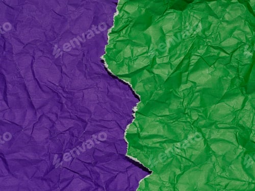 Preview: A torn piece of crumpled green paper against a crumpled purple paper background.