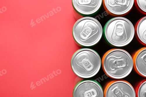 Preview: Energy drink in cans on red background, top view. Space for text