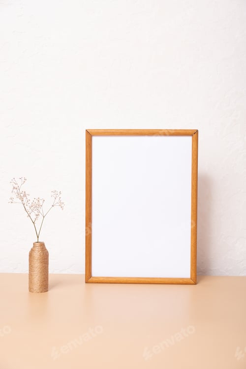 Preview: Mock up empty wooden frame mockup, dried grass in vase on white background