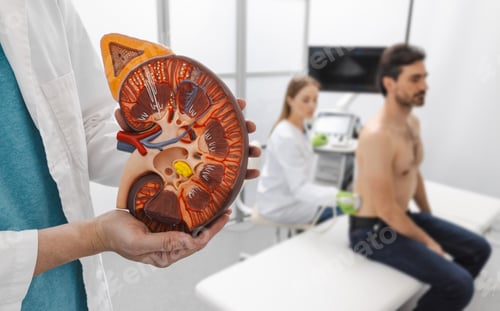 Preview: Anatomical model of kidney on background of process of ultrasound examination of kidneys of adult