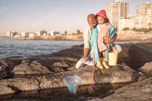 Preview: Happy, beach and girl fishing with her father, teaching and learning by the water in Philippines. T