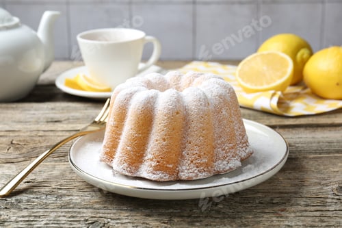 Preview: Tasty lemon cake with powdered sugar on wooden table