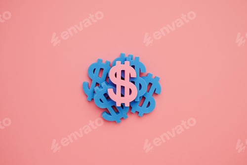 Preview: American dollar symbol on pink background, blue money minimal flatlay