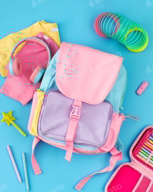 Preview: A children's colored backpack, surrounded by toys and stationery. Elementary school