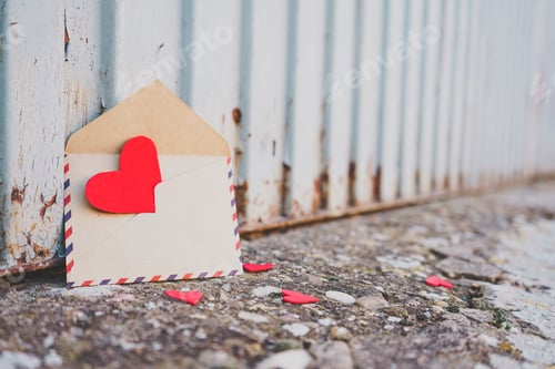 Preview: Little red hearts inside of an old envelope