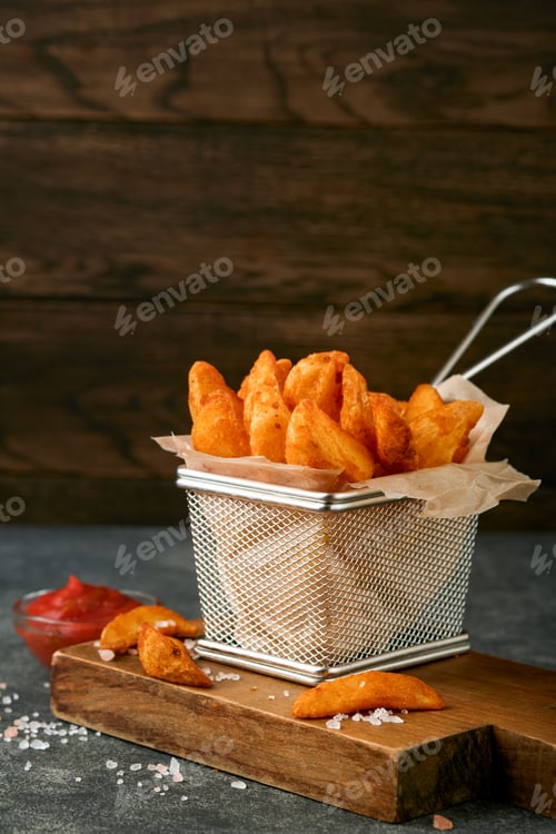 Preview: French fries in metal wire basket with salt and ketchup on old wooden dark background clous up. Frie
