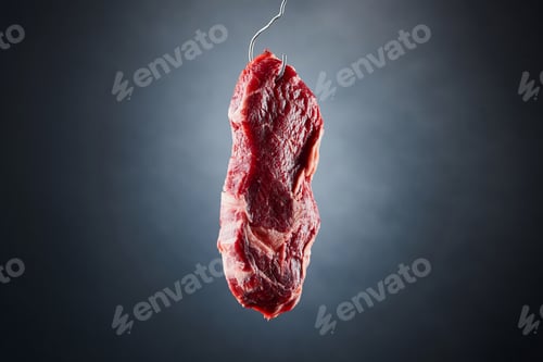 Preview: raw beef fillet on metal hook on dark black background