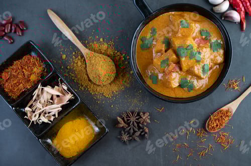 Preview: Massaman curry in a frying pan with spices on the cement floor