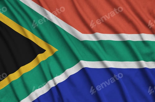 Preview: South Africa flag is depicted on a sports cloth fabric with many folds. Sport team waving banner