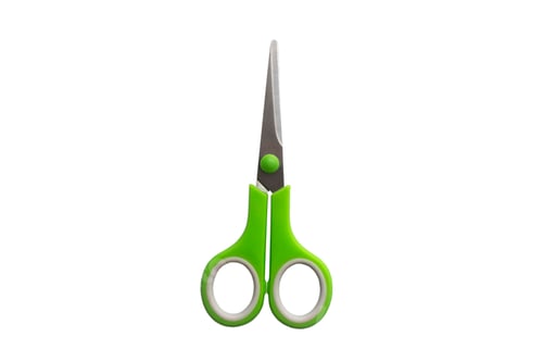 Preview: School scissors closed, green handle isolated on white background. School stationery