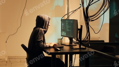 Preview: Female hacker committing cyberattack on server firewall