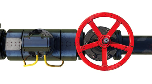 Preview: Side view of industrial pipeline with red wheel valves. Isolated on white background