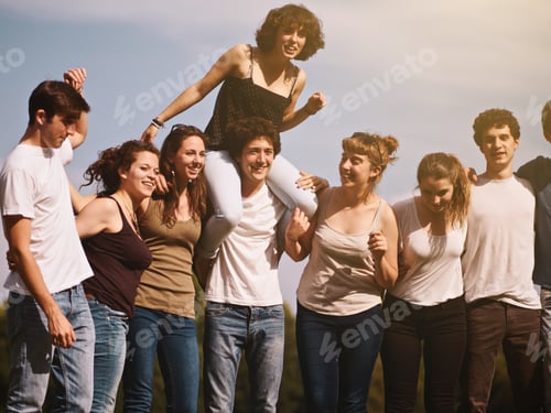 Preview: large group of friends enjoying a summer day at the park, back to school