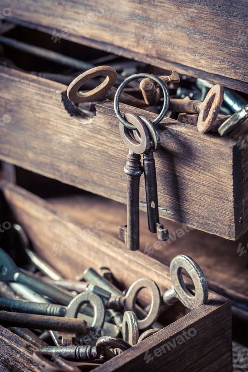 Preview: Wooden box with keys in old locksmiths workshop