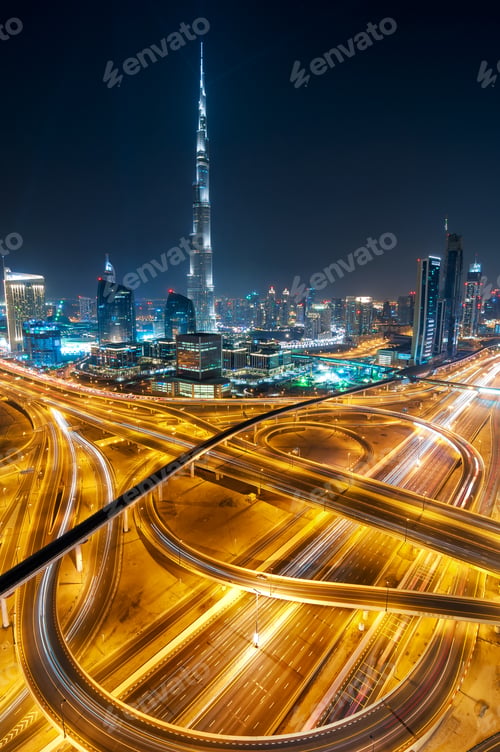 Preview: Amazing night dubai downtown skyline with tallest skyscrapers, Dubai, United Arab Emirates