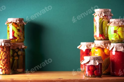 Preview: Preserved vegetables in glass jars on green background. Copy space. Healthy fermented food concept