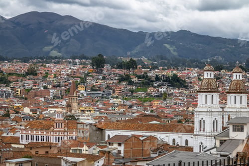 Preview: Aerial view of Cuenca city with Santo Domingo Church - Cuenca, Ecuador
