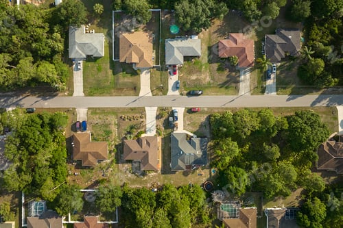 Preview: Aerial landscape view of suburban private houses between green palm trees in Florida