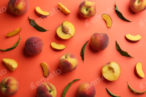 Preview: Flat lay composition with fresh peaches on coral background