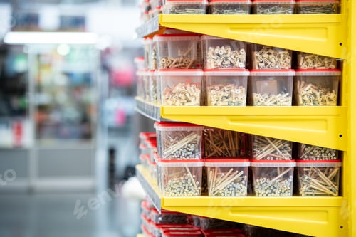 Preview: Side view of shelves with stacks of plastic containers
