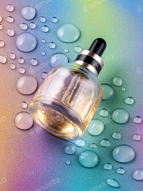 Preview: High angle view of glass dropper bottle with 24k gold beauty face oil on rainbow neon