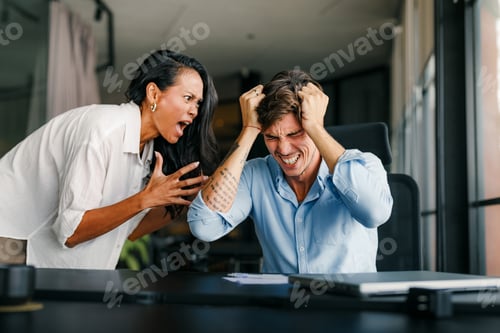 Preview: Boss shouting at frustrated worker, bullying and emotional abuse at work. Stressful work environment