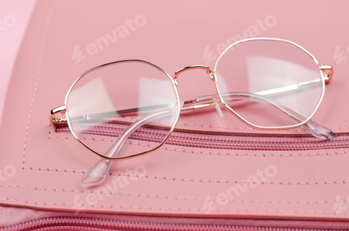 Preview: Stylish eyeglasses on a pink women's handbag, close-up