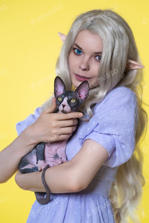 Preview: Young woman cosplay elf holding kitten in hands, looking at camera on yellow background