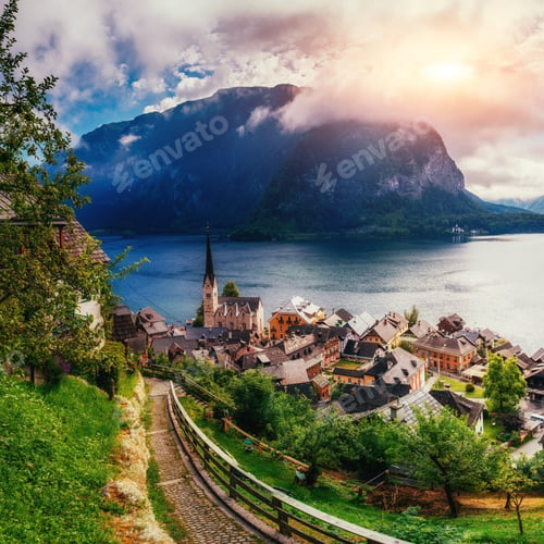 Preview: Beautiful city between mountains Hallstatt Austria Europe
