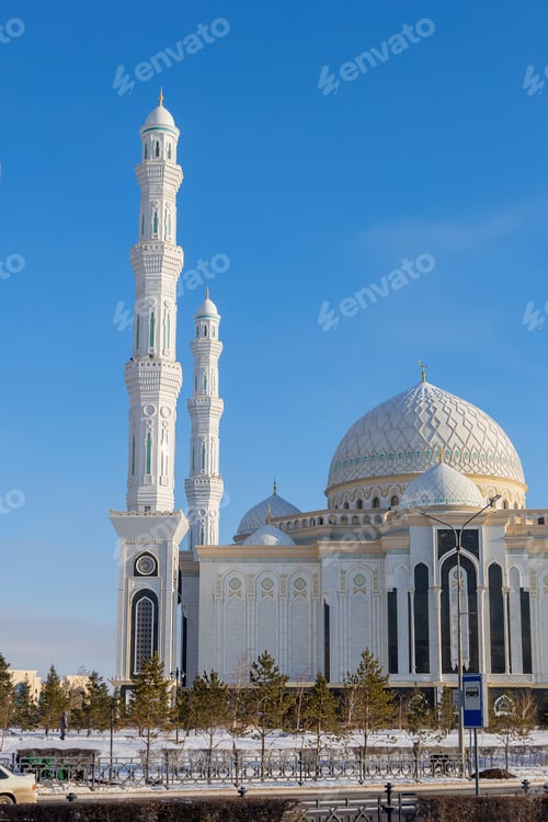 Preview: Panoramic view of snow-white modern Hazaret Sultan mosque sunny morning, Nur-Sultan, Astana