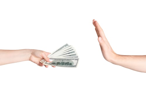 Preview: Stop corruption. Man refusing money given by female hand, isolated on white