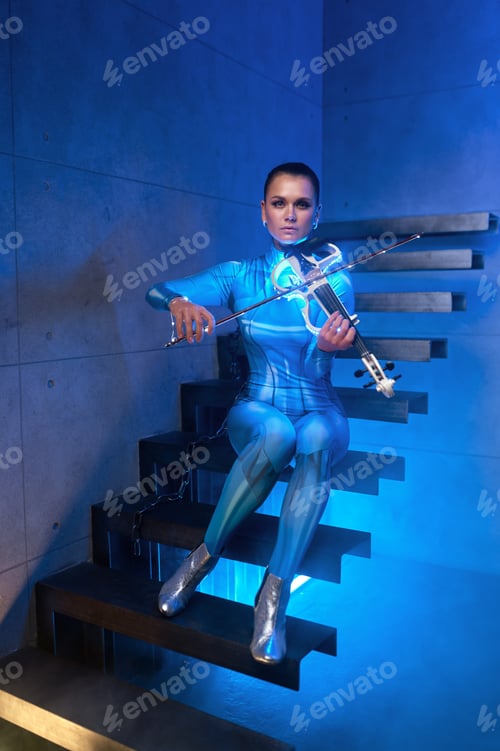 Preview: Futuristic concert of young woman violinist in neon light