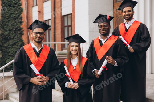 Preview: Group of Happy Graduates in Caps and Gowns Celebrating Graduation Day Outdoors