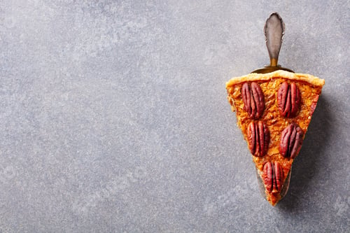 Preview: Pecan nuts pie. Grey stone background. Top view